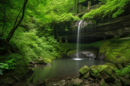 natural rock formation with waterfall, surrounded by lush greenery, created with generative aiの素材