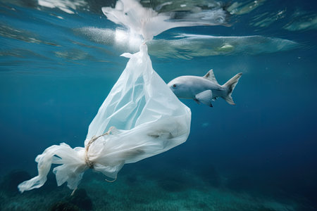 plastic bag tangled in marine life, with fish and seagulls swimming nearby, created with generative aiの素材