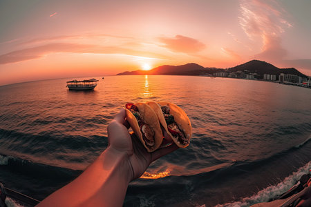 panoramic view of sunset over the sea with tacos in hand, created with generative aiの素材