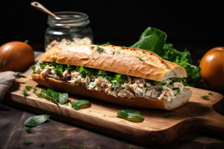 tuna salad sandwich on toasted slice of baguette, garnished with fresh herbs, created with generative aiの素材