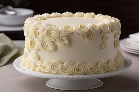 layer cake with piped borders and decorative swirls of frosting, created with generative aiの素材