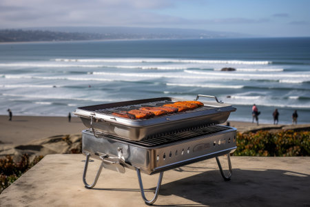 portable grill, with view of the beach and ocean in the background, created with generative aiの素材