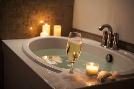 bubble bath with candles and wine for ultimate relaxation experience, created with generative aiの素材