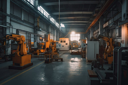 harsh industrial environment, with high-tech devices and robotics performing their functions, created with generative aiの素材