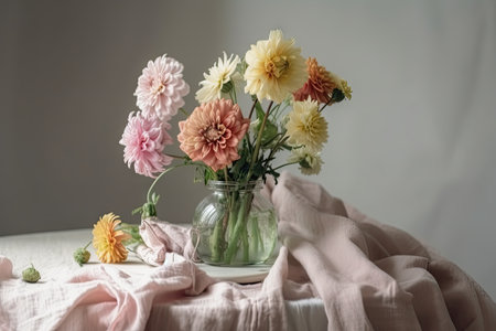 pastel flowers in vase on white tablecloth, created with generative aiの素材
