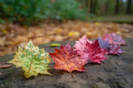 group of fallen leaves, with different shapes and colors, against blurred background, created with generative aiの素材