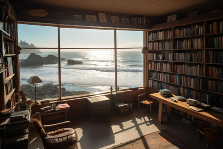 sunlit library, with view of the shoreline and waves rolling in, created with generative aiの素材