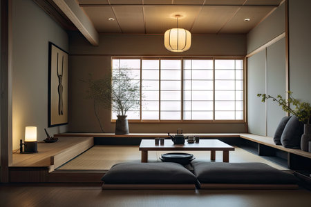 japanese style interior with minimalist and modern design elements, created with generative aiの素材