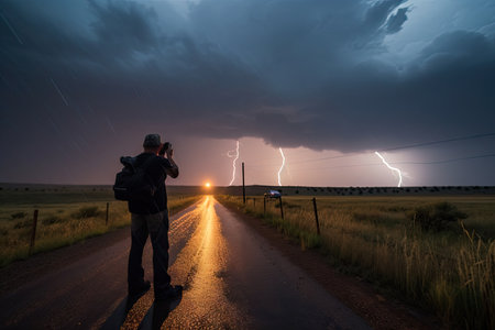 storm chaser capturing violent storm on camera, with lightning and rain in the background, created with generative aiの素材