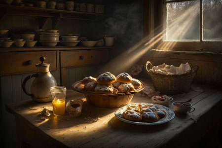 a humble kitchen, with the sun rays coming through the window, shining on a plate of freshly baked muffins, created with generative aiの素材