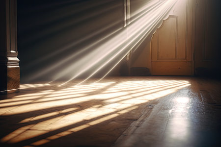 close-up of a sunbeam filtering through the window, shining on the floor, created with generative aiの素材
