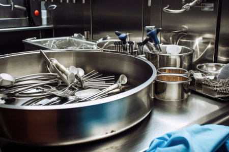 surgical instruments being steam-sterilized in autoclave, ready for use, created with generative aiの素材