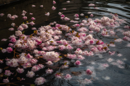 cherry blossom petals floating on still body of water, created with generative aiの素材