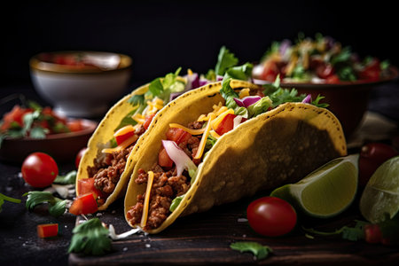 tasteful close-up of taco with vibrant and fresh ingredients, created with generative aiの素材