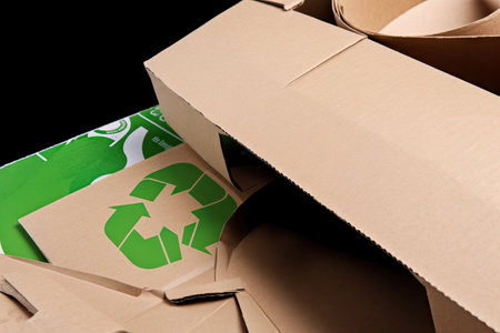 close-up of recyclable packaging, with highlighted areas showing how the material can be recycled, created with generative aiの素材