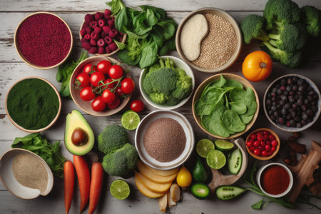 a beautiful arrangement of nutrient-dense foods to promote health and wellness, created with generative aiの素材