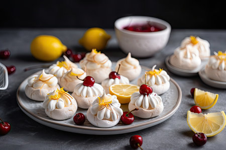 plate of fluffy meringue bites with flavors like lemon and cherry, created with generative aiの素材