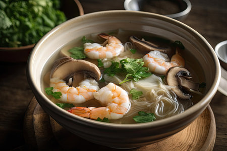 clear broth with prawns, mushrooms and lemongrass, created with generative aiの素材
