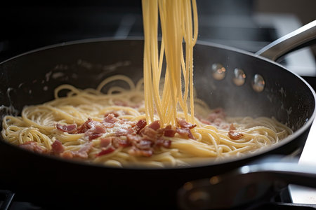spaghetti carbonara being cooked on a stovetop with bacon sizzling in the background, created with generative aiの素材