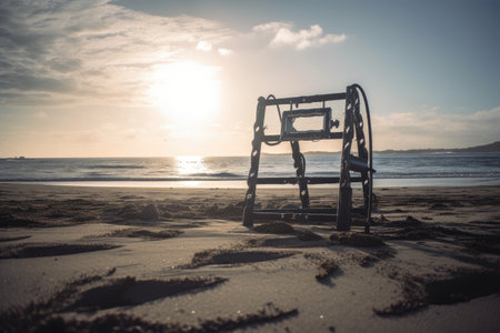 metal detector frame with the sun shining down on a beautiful beach, created with generative aiの素材