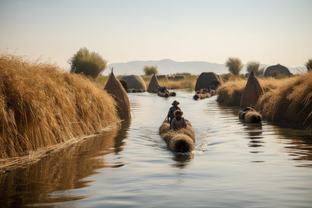nomadic tribe crossing river on rafts made of reeds, created with generative aiの素材