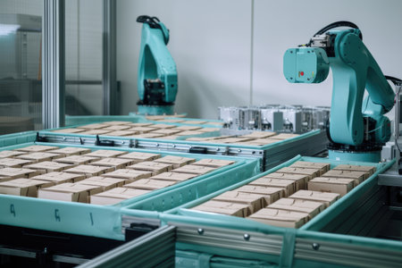 packaging and sorting robot, sorting products into different boxes and crates, created with generative aiの素材
