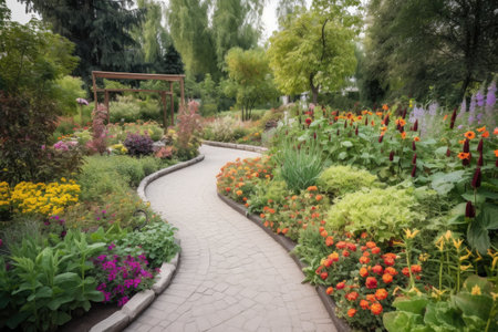 botanical garden, with blooming flowers and greenery in full bloom, created with generative aiの素材
