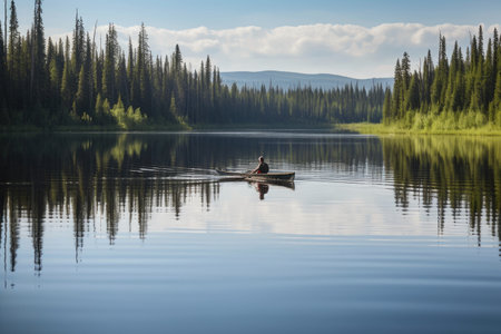canoeist paddling through calm lake, with reflections visible on the water, created with generative aiの素材