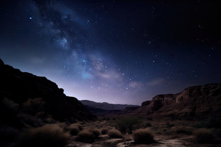 night sky with stars and moon over desert canyon, silhouetting the cliffs, created with generative aiの素材