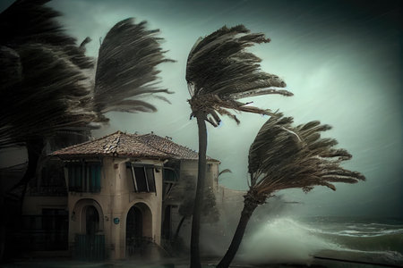 tropical cyclone, with its strong winds and heavy rain, battering a coastal city, created with generative aiの素材