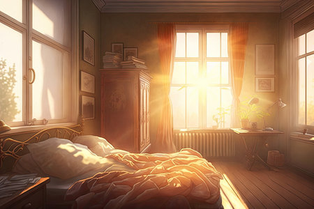 a warm summer morning with the sun rays shining through the window and onto a cozy bedroom, created with generative aiの素材