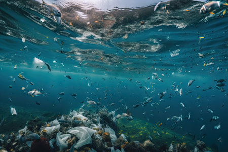 microplastic pollution in the ocean, with fish and plankton swimming among the plastic, created with generative aiの素材