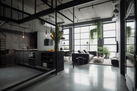 industrial home, with sleek and modern decor, featuring clean lines and minimalism, created with generative aiの素材