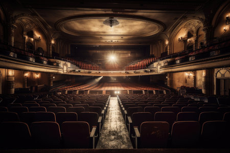 a deserted theater, with a spotlight shining on the stage and rows of seats in the audience, created with generative aiの素材