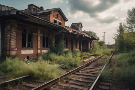 abandoned railway station, with old train cars and tracks left behind, created with generative aiの素材