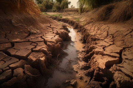 polluted water running over cracked and dry earth, created with generative aiの素材