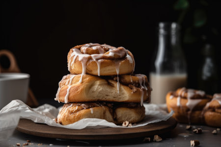 stack of warm and fluffy gluten-free vegan cinnamon rolls, created with generative aiの素材