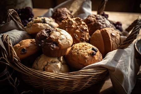 basket of warm, freshly baked gluten-free and vegan muffins, created with generative aiの素材