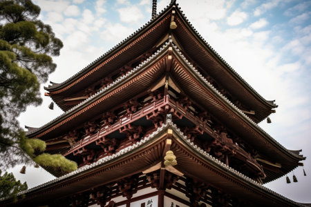 close-up of japan pagoda, with intricate details visible, created with generative aiの素材