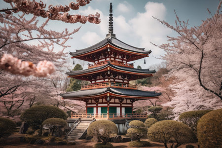 japanese pagoda surrounded by cherry blossoms in bloom, created with generative aiの素材