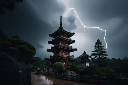 japanese pagoda under a stormy sky with lightning and thunder, created with generative aiの素材