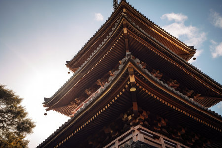 close-up of intricate details of japan pagoda, with sunlight shining through, created with generative aiの素材