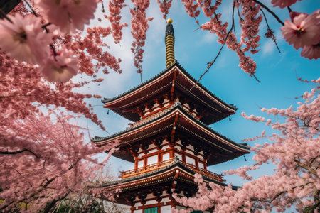 beauty of japan pagoda in spring with cherry blossoms and colorful foliage, created with generative aiの素材