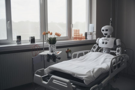 robot, delivering medication to patient in hospital room, created with generative aiの素材