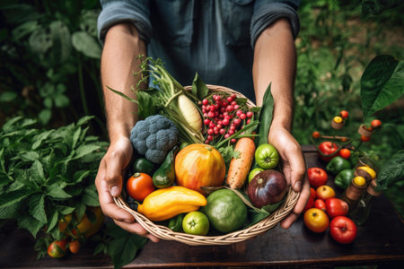 urban farmer harvesting colorful and delicious fruits and vegetables, created with generative aiの素材