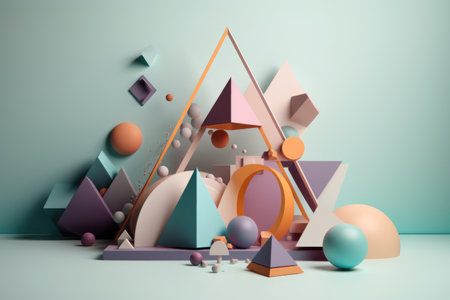 abstract and minimalistic 3d geometric art piece made of triangles, squares, and circles, created with generative aiの素材