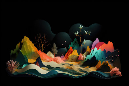 abstract and surreal landscape with floating shapes and colors, against black background, created with generative aiの素材