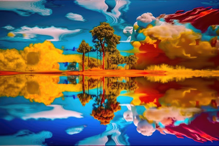 abstract and surreal landscape with upside-down sky, crazy colors, and unusual shapes, created with generative aiの素材