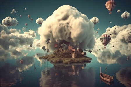 dreamlike world with surreal and unexpected elements, including flying objects among the clouds, created with generative aiの素材