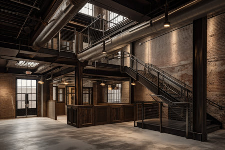 adaptive reuse project with industrial theme, featuring exposed brick and pipes, created with generative aiの素材